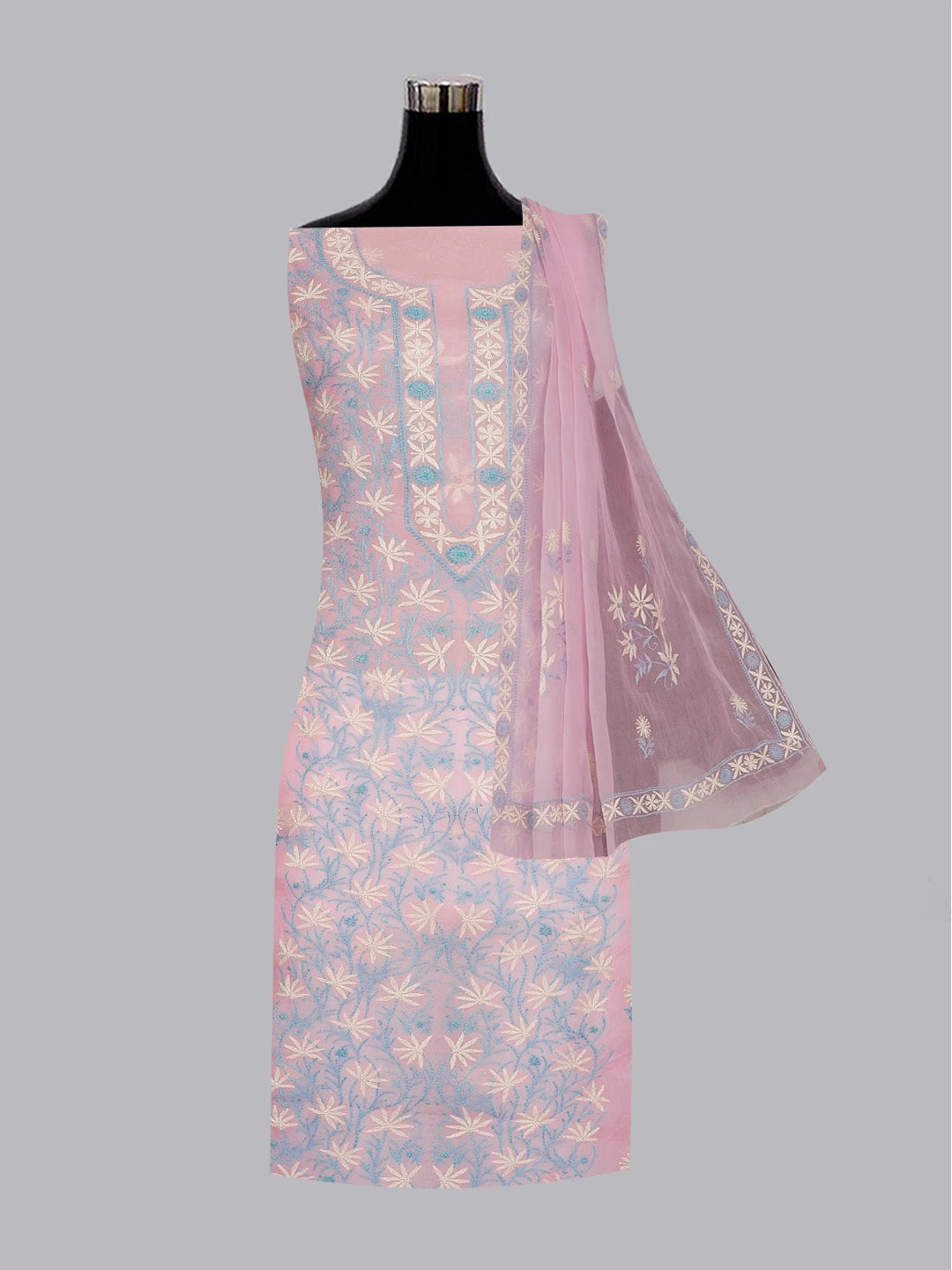 Ada Hand Embroidered Pink Organza Lucknowi Chikankari Unstitched Kurta Dupatta Set With Tepchi Work 01A580479