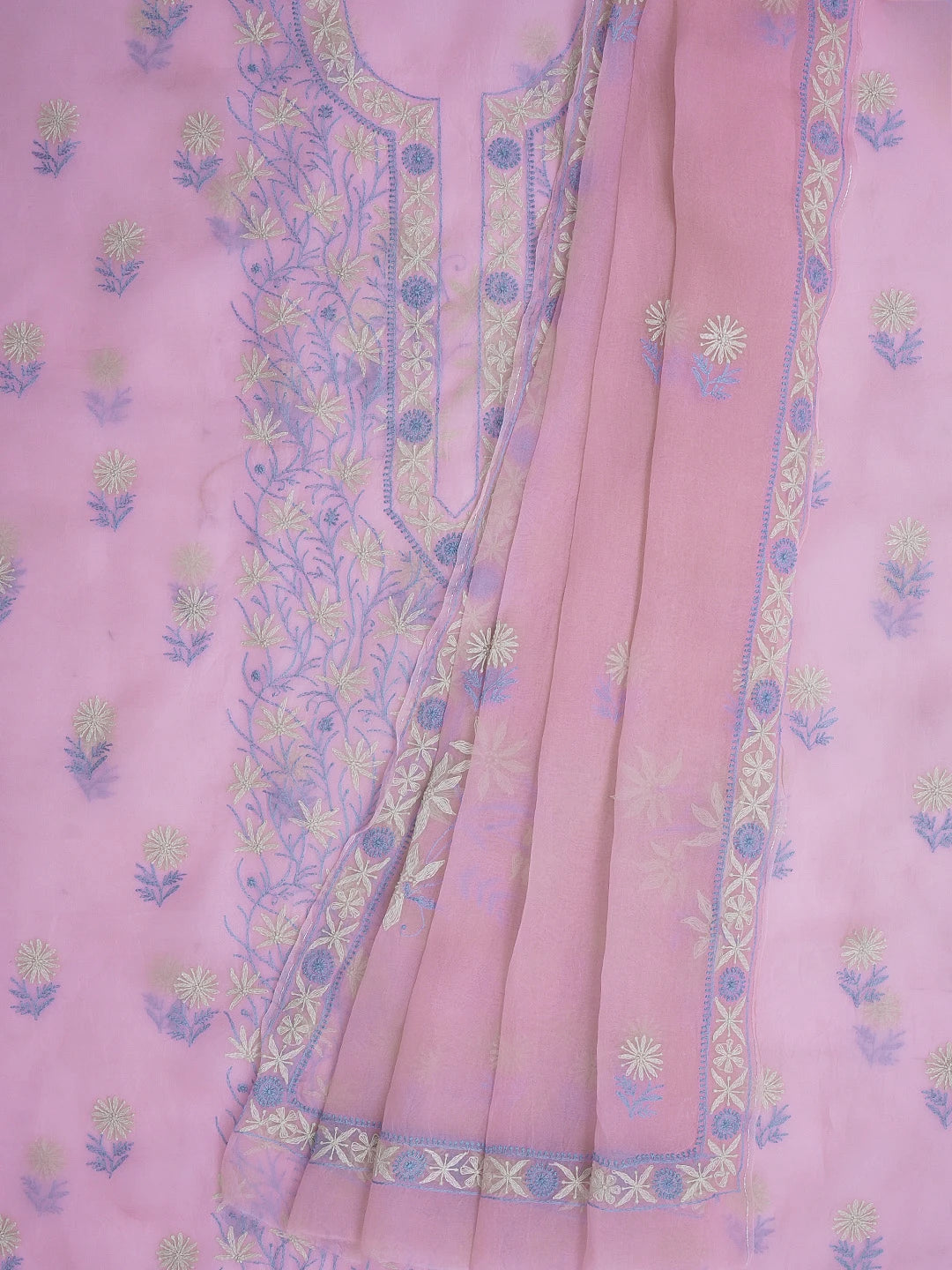 Ada Hand Embroidered Pink Organza Lucknowi Chikankari Unstitched Kurta Dupatta Set With Tepchi Work 01A580479