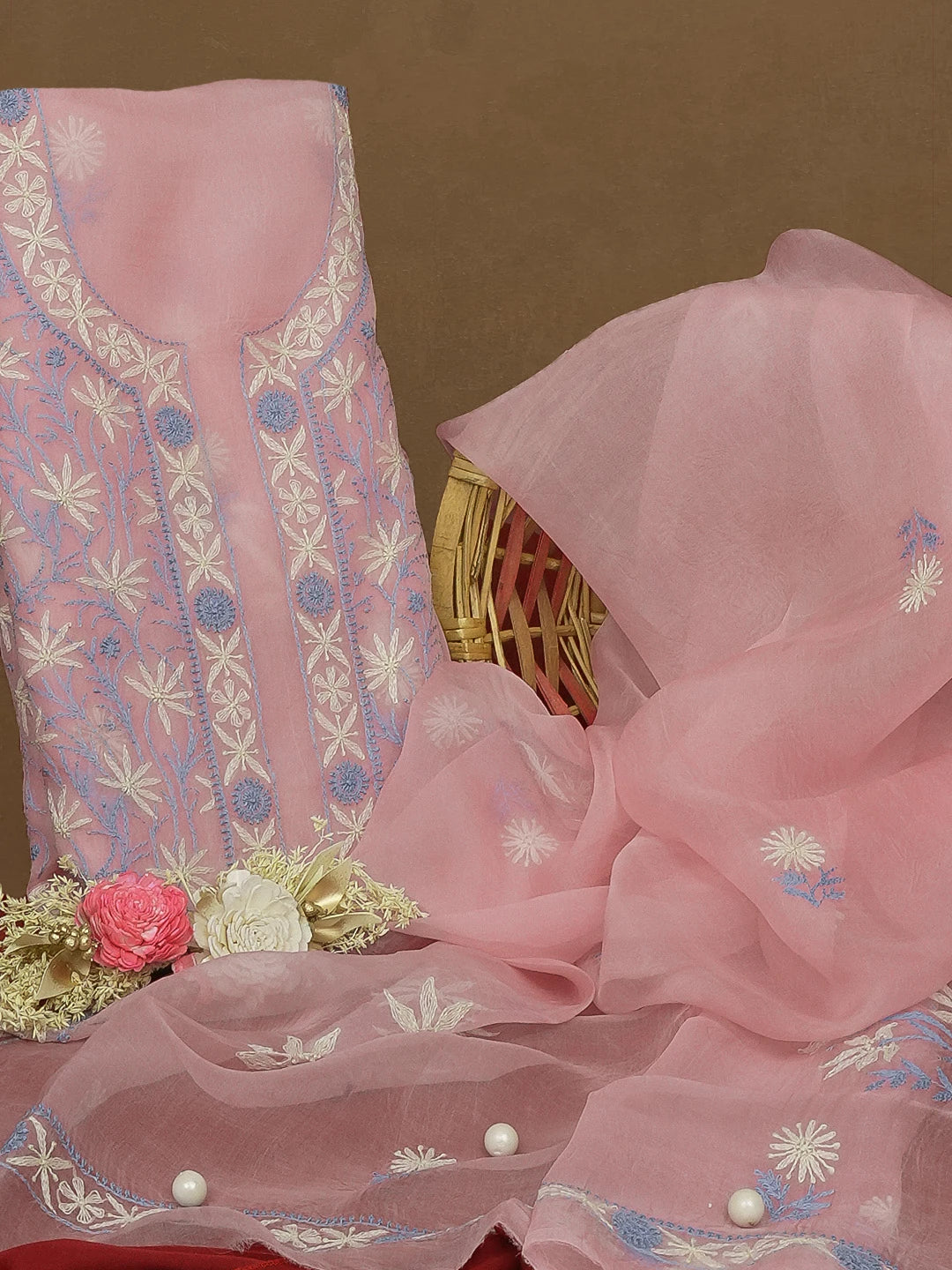 Ada Hand Embroidered Pink Organza Lucknowi Chikankari Unstitched Kurta Dupatta Set With Tepchi Work 01A580479
