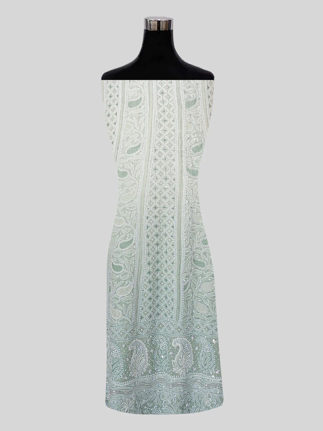 Ada Hand Embroidered Ombre Shade of Celdon & Dark Pista Green  Pure Georgette Lucknowi Chikankari Semi-Stitched Anarkali Kurta Dupatta Set With Cutdana Work 01A558661