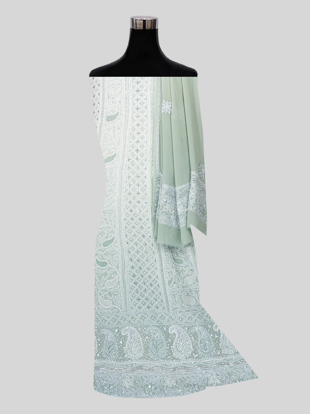 Ada Hand Embroidered Ombre Shade of Celdon & Dark Pista Green  Pure Georgette Lucknowi Chikankari Semi-Stitched Anarkali Kurta Dupatta Set With Cutdana Work 01A558661