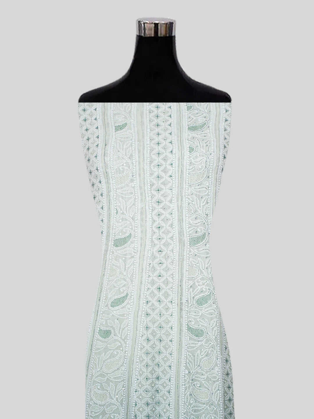 Ada Hand Embroidered Ombre Shade of Celdon & Dark Pista Green  Pure Georgette Lucknowi Chikankari Semi-Stitched Anarkali Kurta Dupatta Set With Cutdana Work 01A558661