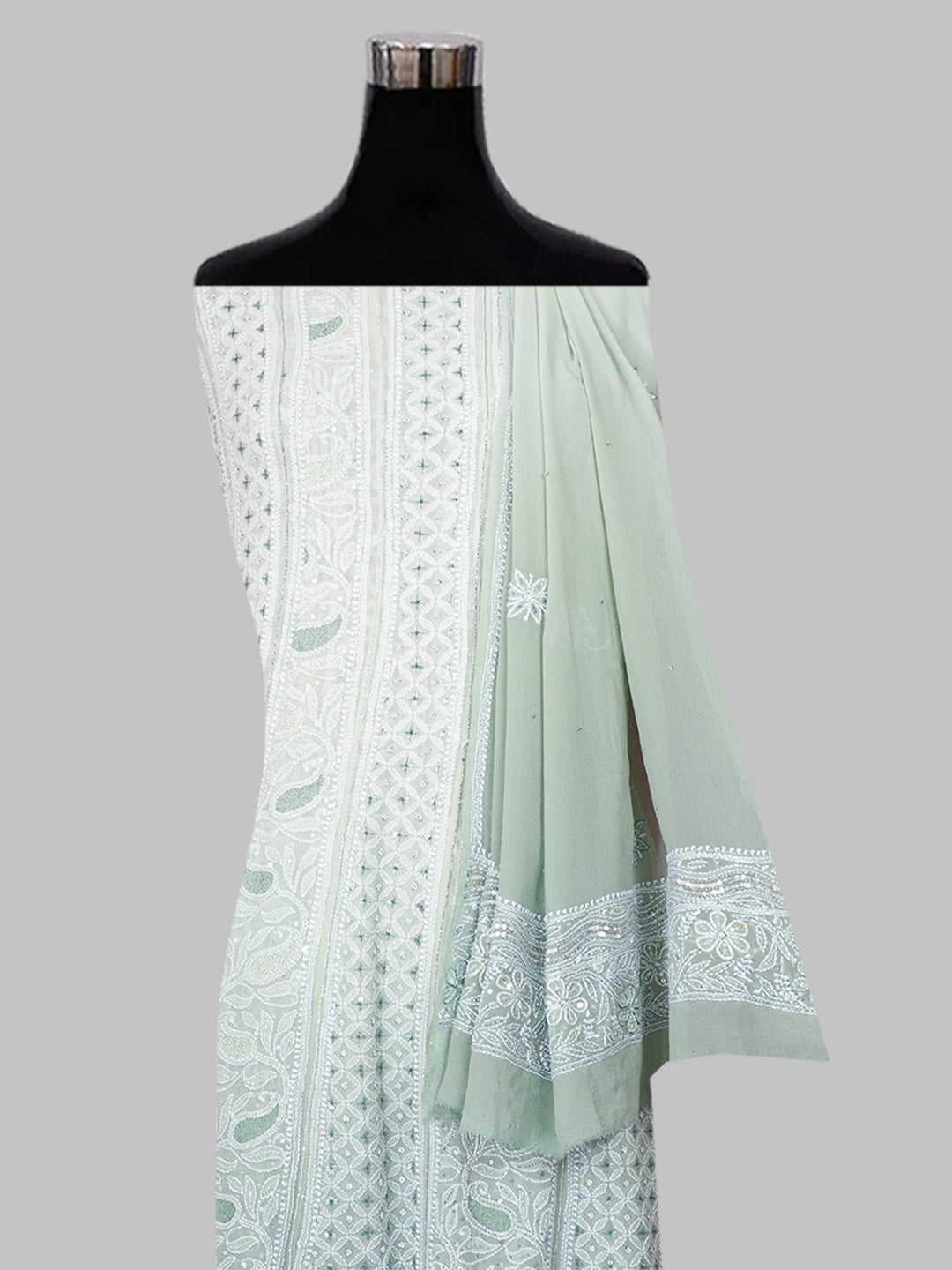 Ada Hand Embroidered Ombre Shade of Celdon & Dark Pista Green  Pure Georgette Lucknowi Chikankari Semi-Stitched Anarkali Kurta Dupatta Set With Cutdana Work 01A558661