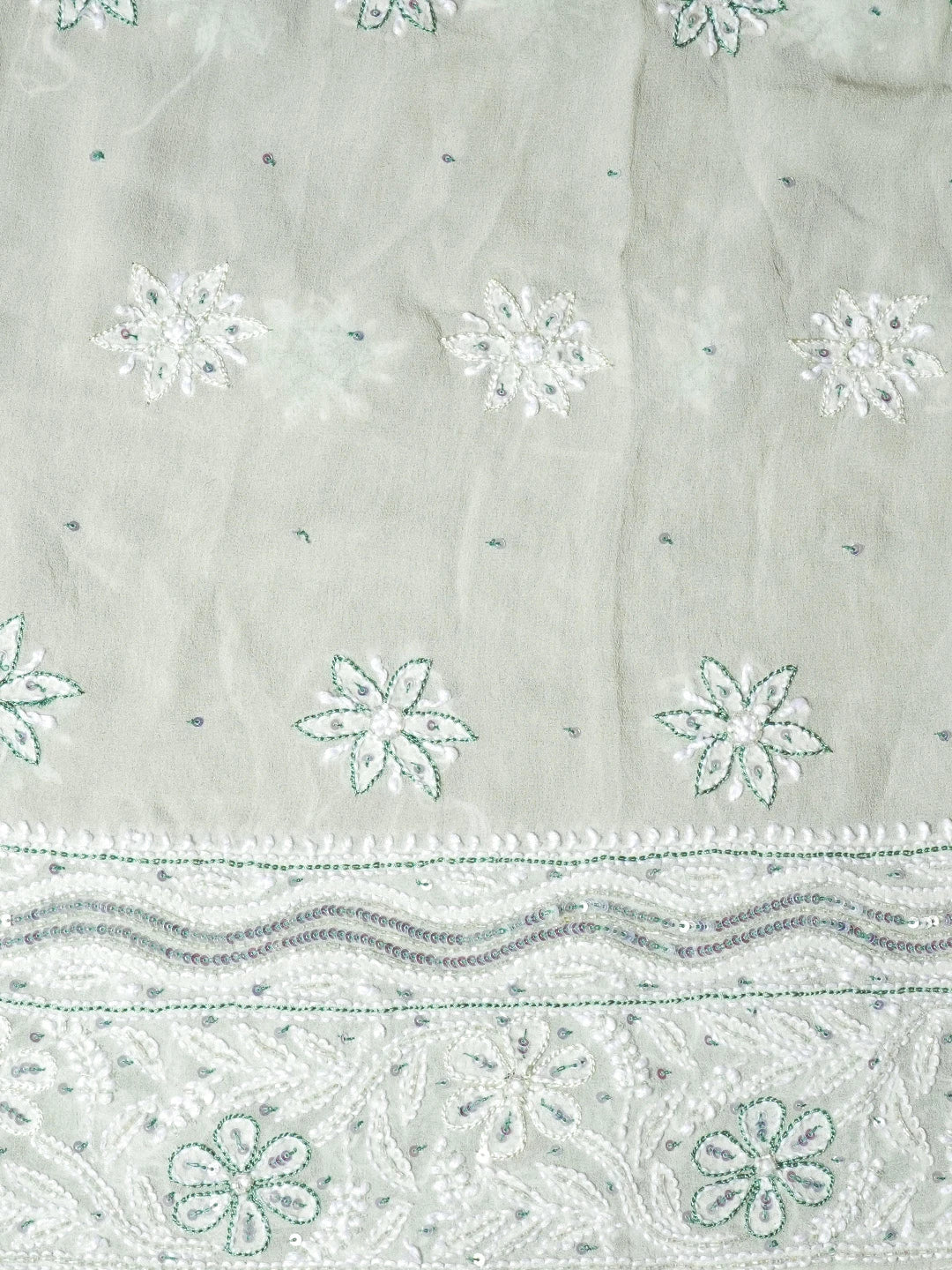 Ada Hand Embroidered Ombre Shade of Celdon & Dark Pista Green  Pure Georgette Lucknowi Chikankari Semi-Stitched Anarkali Kurta Dupatta Set With Cutdana Work 01A558661