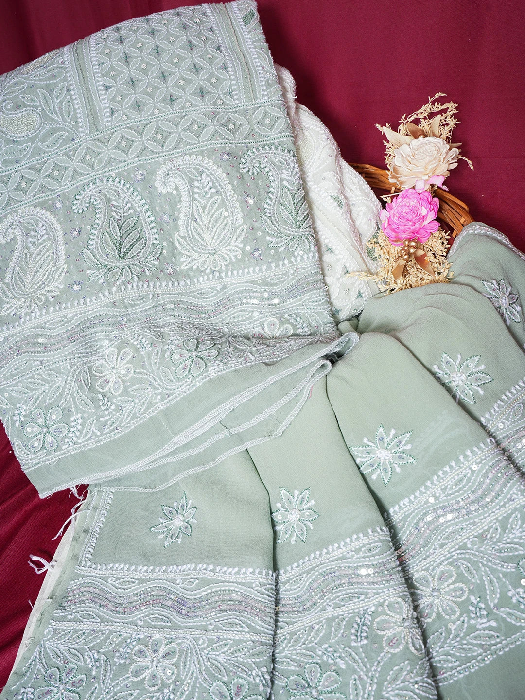 Ada Hand Embroidered Ombre Shade of Celdon & Dark Pista Green  Pure Georgette Lucknowi Chikankari Semi-Stitched Anarkali Kurta Dupatta Set With Cutdana Work 01A558661
