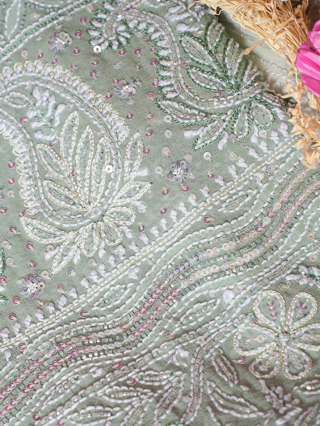 Ada Hand Embroidered Ombre Shade of Celdon & Dark Pista Green  Pure Georgette Lucknowi Chikankari Semi-Stitched Anarkali Kurta Dupatta Set With Cutdana Work 01A558661