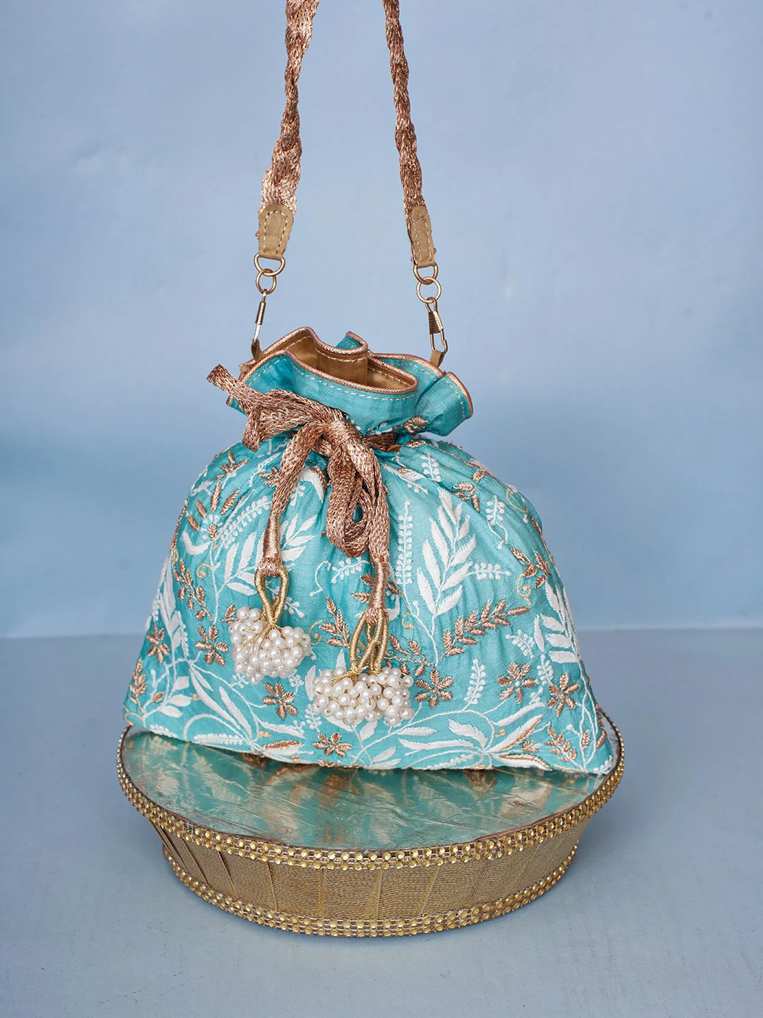 Ada Hand Embroidered Blue Silk Lucknowi Chikankari Potli Bag With Zari Work 01A467823