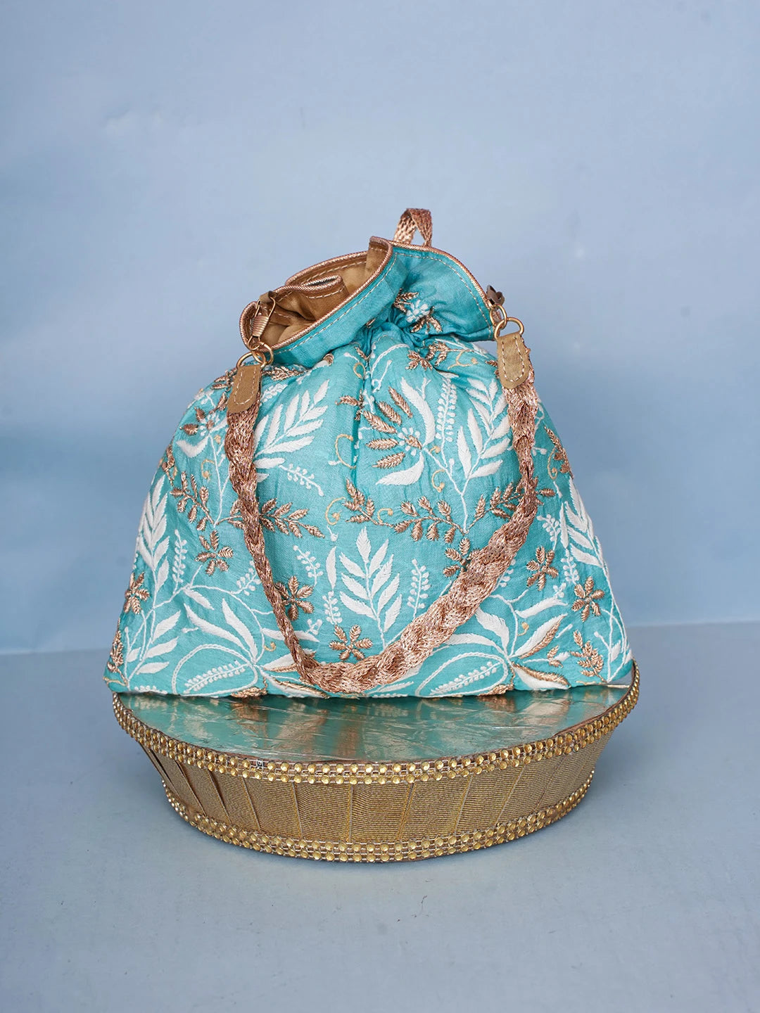 Ada Hand Embroidered Blue Silk Lucknowi Chikankari Potli Bag With Zari Work 01A467823