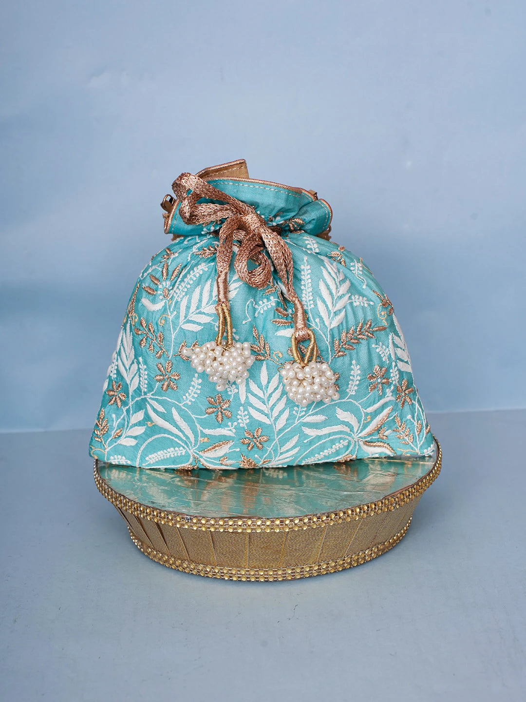 Ada Hand Embroidered Blue Silk Lucknowi Chikankari Potli Bag With Zari Work 01A467823