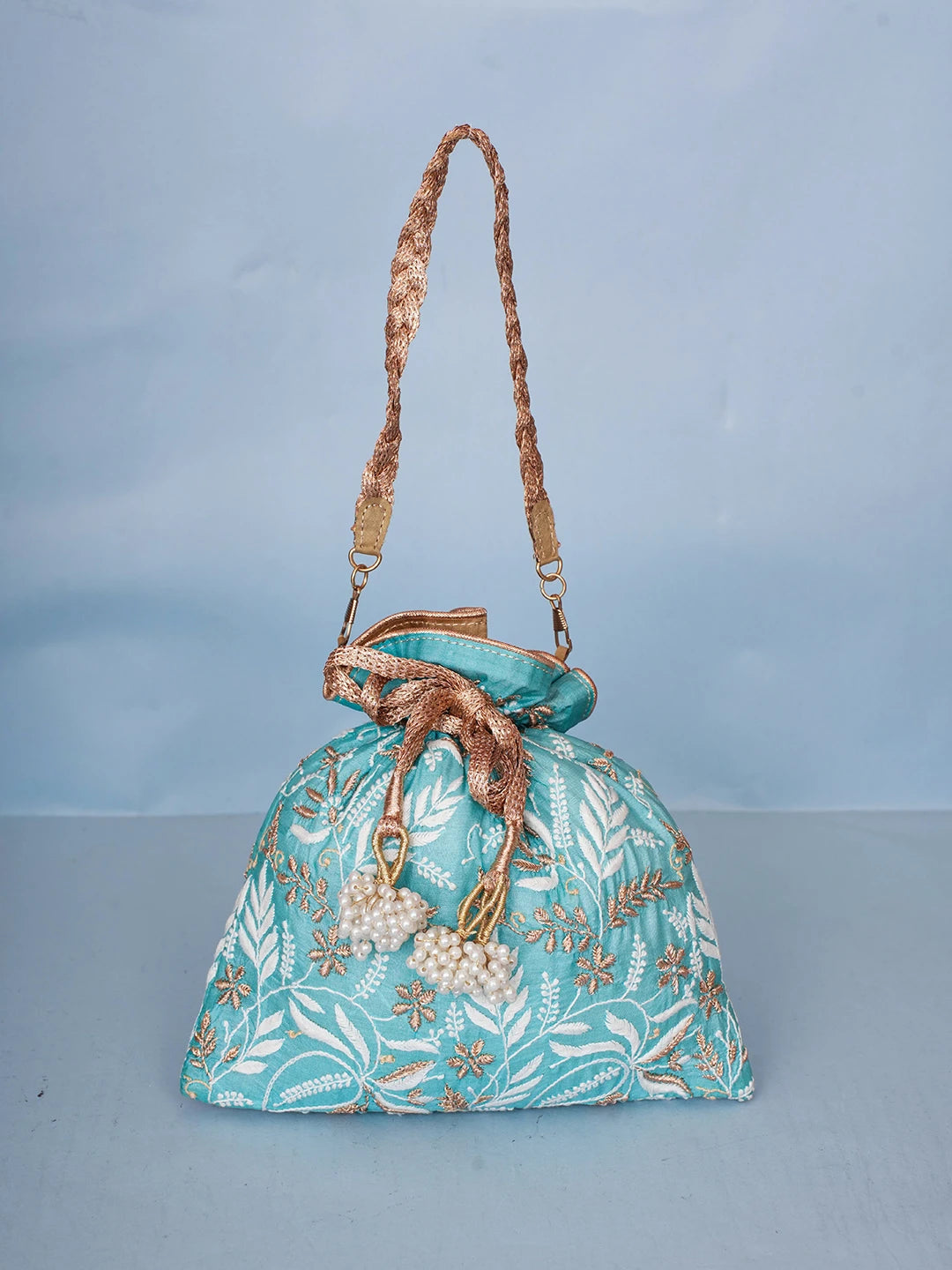 Ada Hand Embroidered Blue Silk Lucknowi Chikankari Potli Bag With Zari Work 01A467823