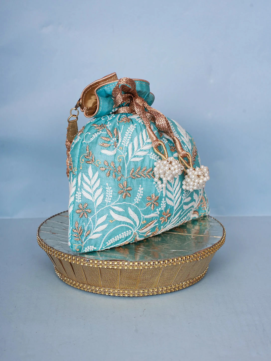 Ada Hand Embroidered Blue Silk Lucknowi Chikankari Potli Bag With Zari Work 01A467823