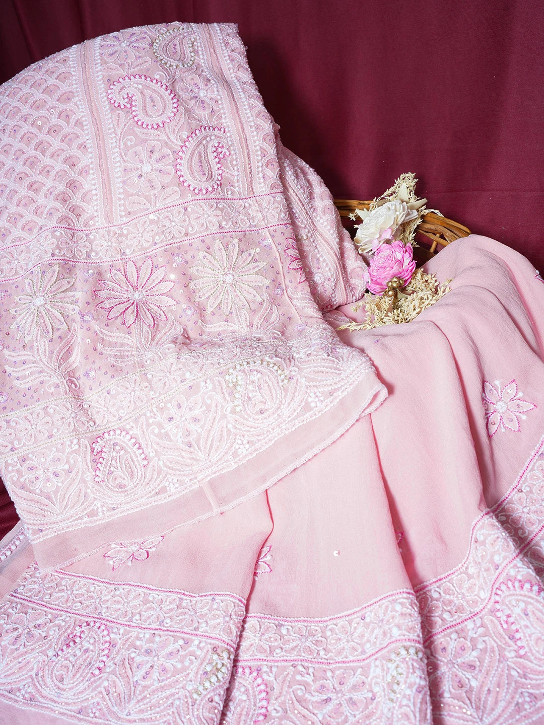 Ada Hand Embroidered Cherry Blossom Pink Pure Georgette Lucknowi Chikankari Semi-Stitched Anarkali Kurta Dupatta Set With Cutdana Work 01A552050