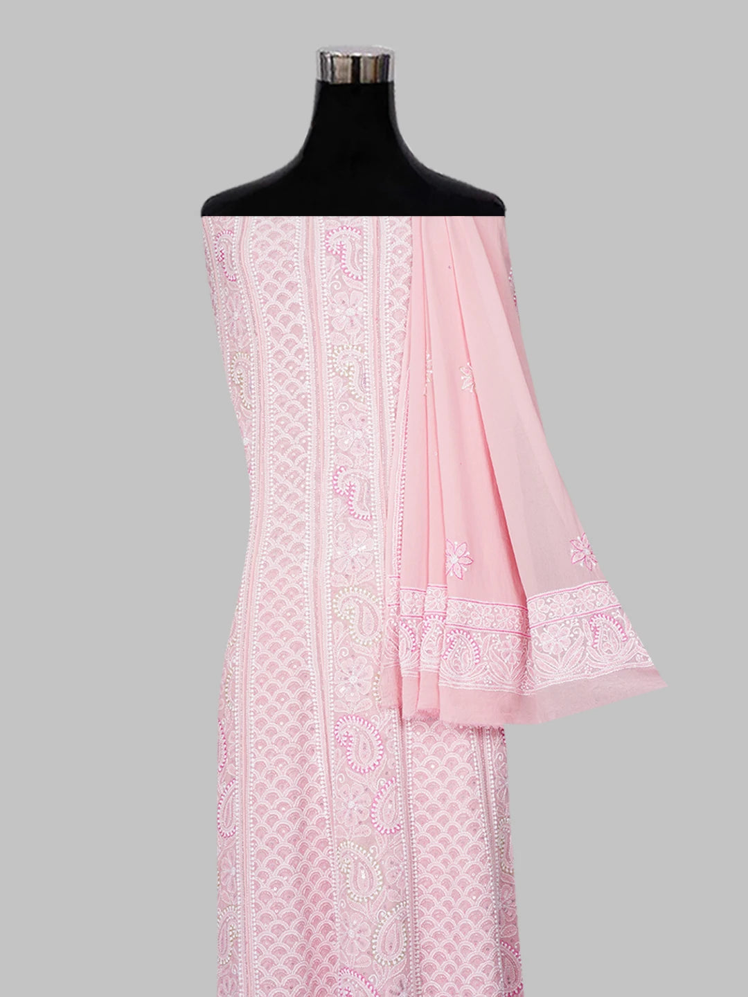 Ada Hand Embroidered Cherry Blossom Pink Pure Georgette Lucknowi Chikankari Semi-Stitched Anarkali Kurta Dupatta Set With Cutdana Work 01A552050