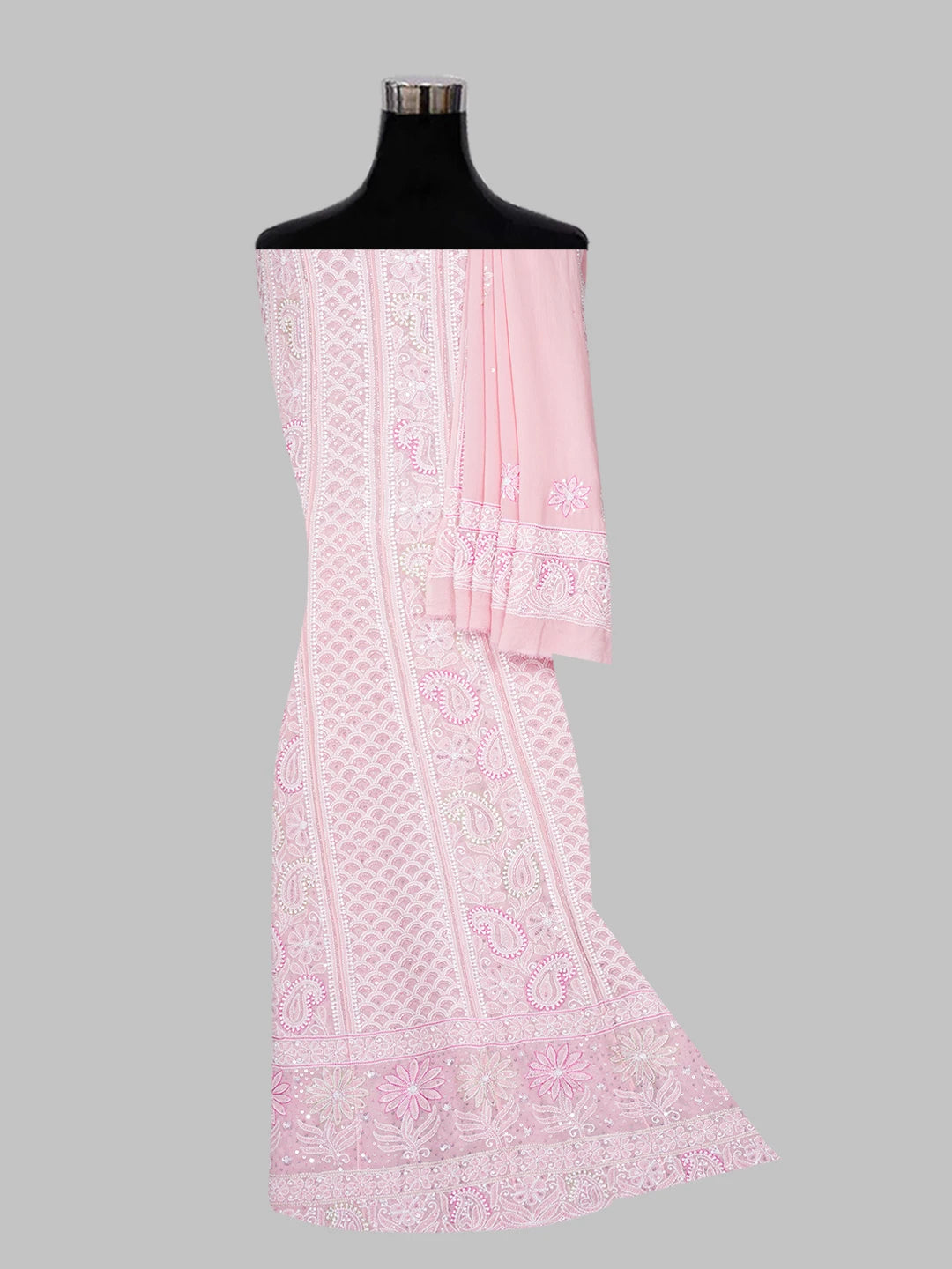 Ada Hand Embroidered Cherry Blossom Pink Pure Georgette Lucknowi Chikankari Semi-Stitched Anarkali Kurta Dupatta Set With Cutdana Work 01A552050