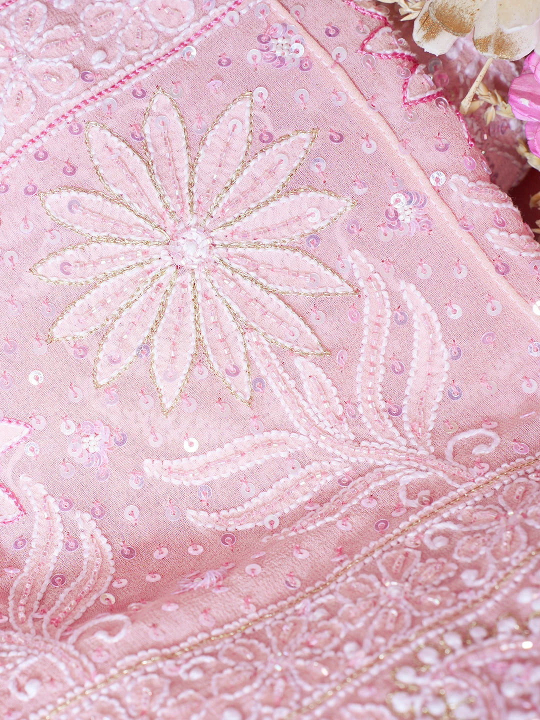 Ada Hand Embroidered Cherry Blossom Pink Pure Georgette Lucknowi Chikankari Semi-Stitched Anarkali Kurta Dupatta Set With Cutdana Work 01A552050