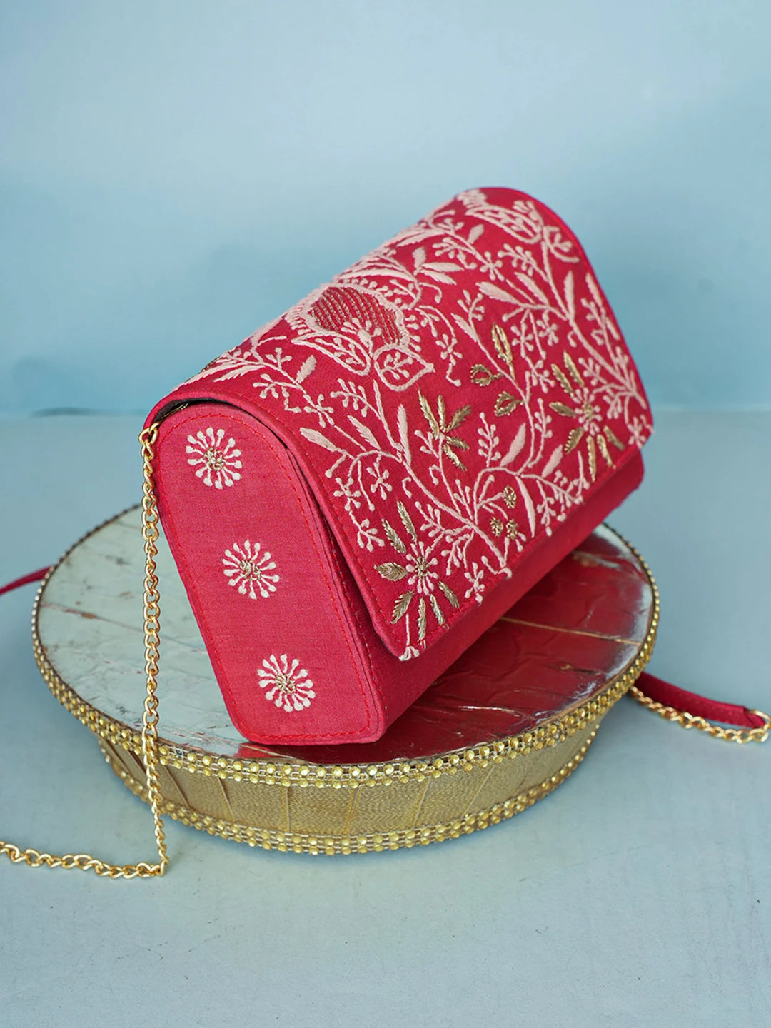 Ada Hand Embroidered Crimson Red Silk Lucknowi Chikankari Clutch With Zari Work 01A589698