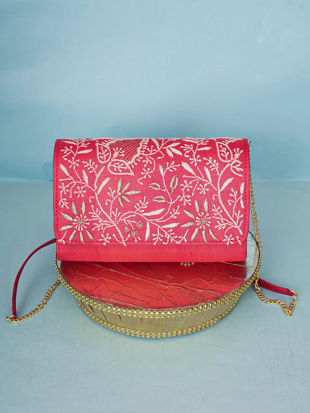 Ada Hand Embroidered Crimson Red Silk Lucknowi Chikankari Clutch With Zari Work 01A589698