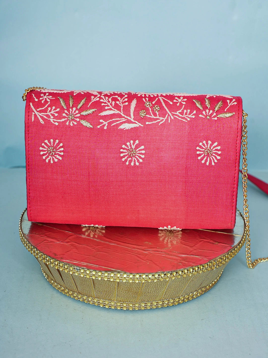 Ada Hand Embroidered Crimson Red Silk Lucknowi Chikankari Clutch With Zari Work 01A589698