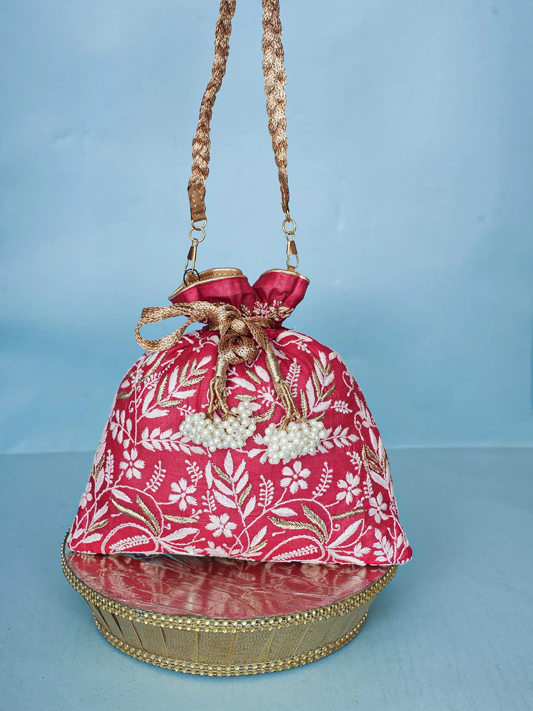 Ada Hand Embroidered Maroon Silk Lucknowi Chikankari Potli Bag With Zari Work 01A499170