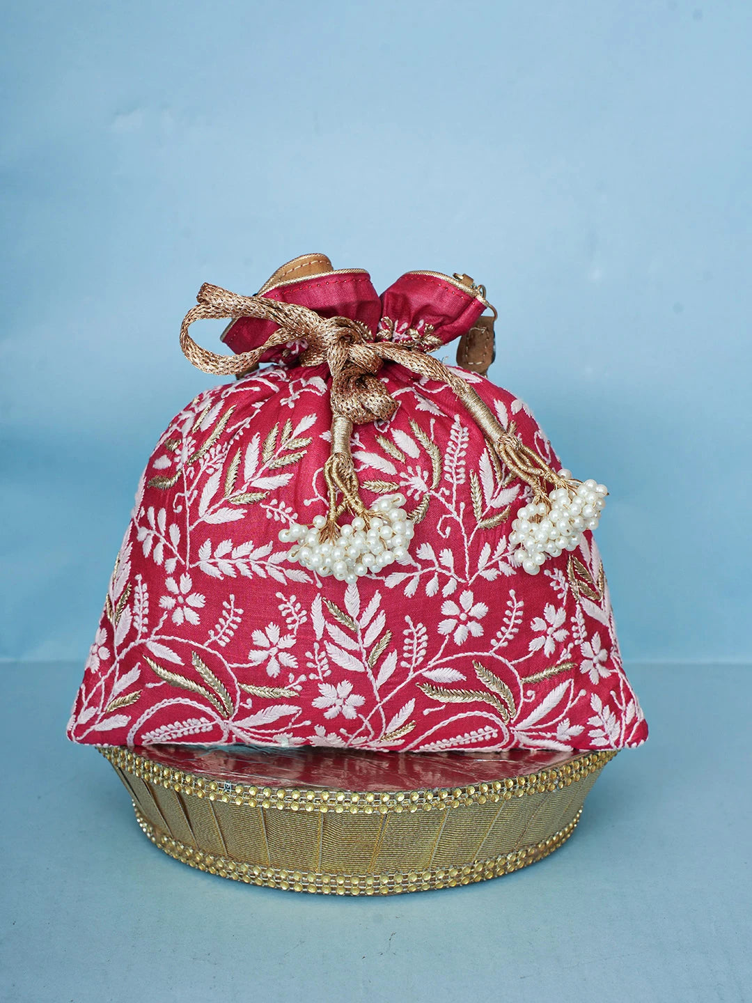 Ada Hand Embroidered Maroon Silk Lucknowi Chikankari Potli Bag With Zari Work 01A499170