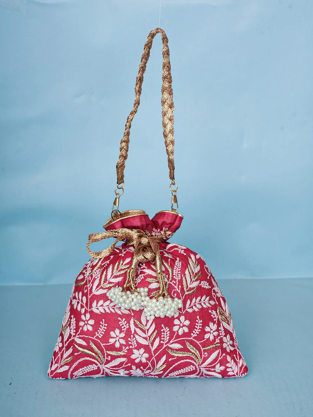 Ada Hand Embroidered Maroon Silk Lucknowi Chikankari Potli Bag With Zari Work 01A499170