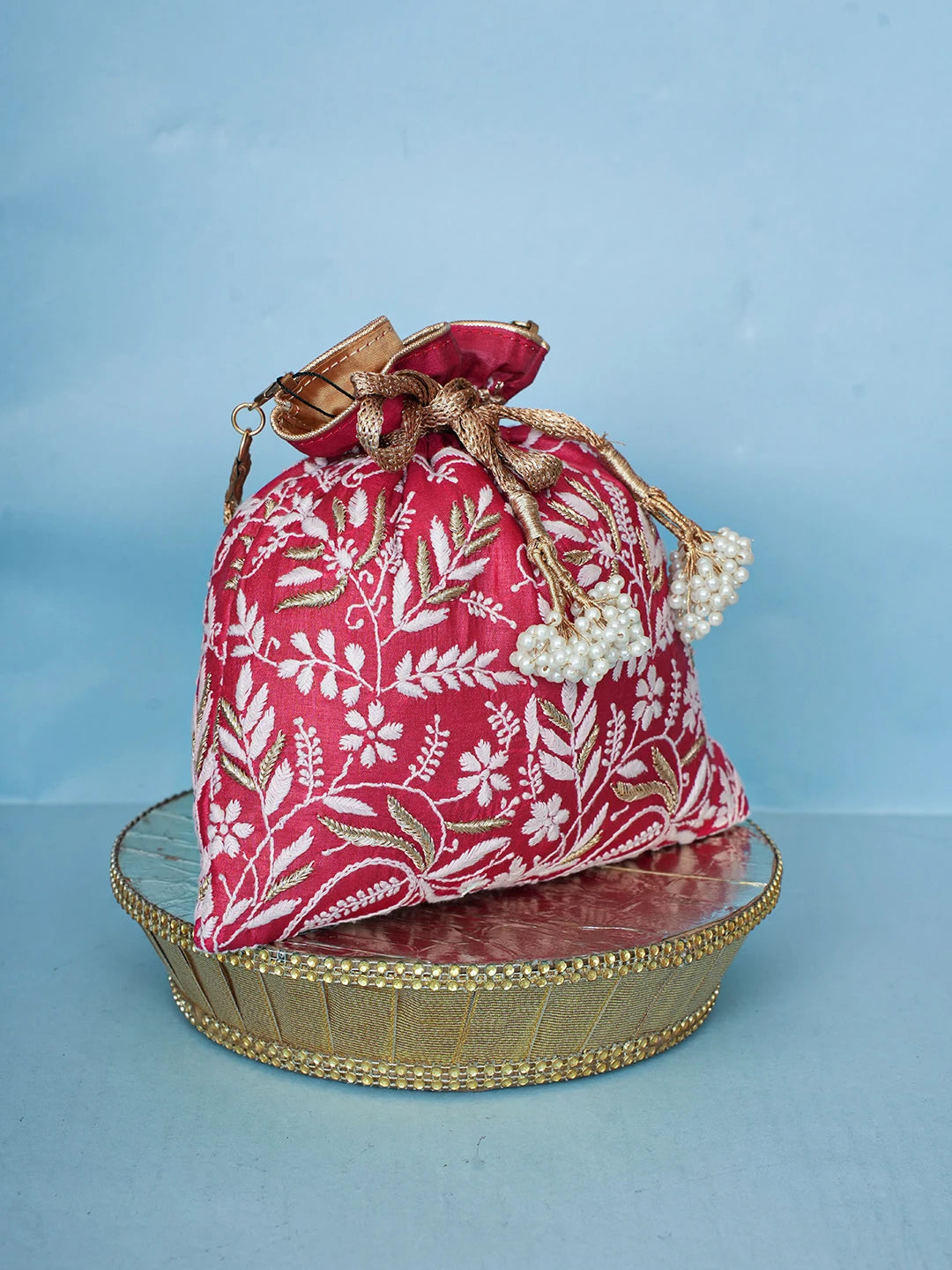 Ada Hand Embroidered Maroon Silk Lucknowi Chikankari Potli Bag With Zari Work 01A499170