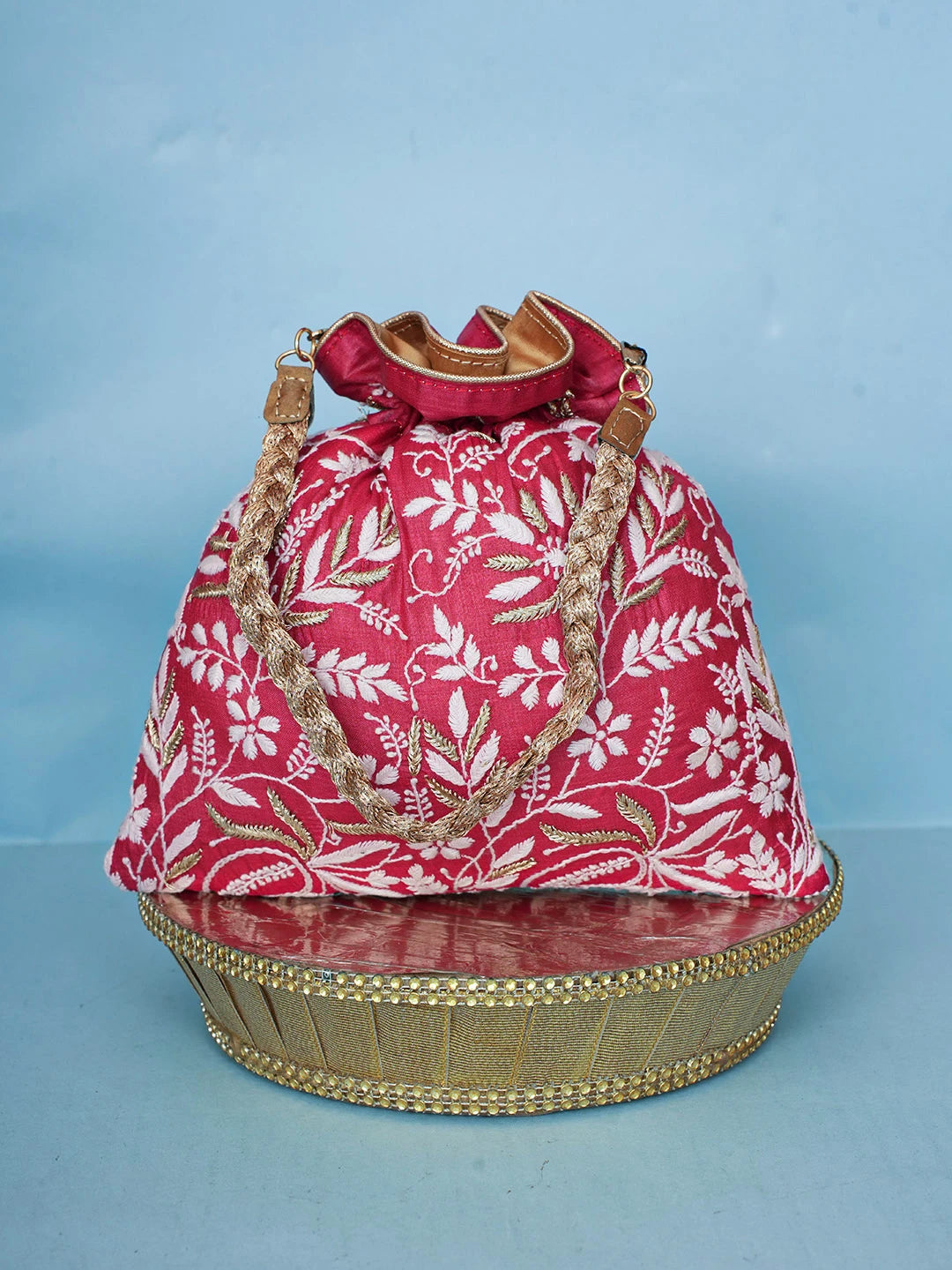 Ada Hand Embroidered Maroon Silk Lucknowi Chikankari Potli Bag With Zari Work 01A499170