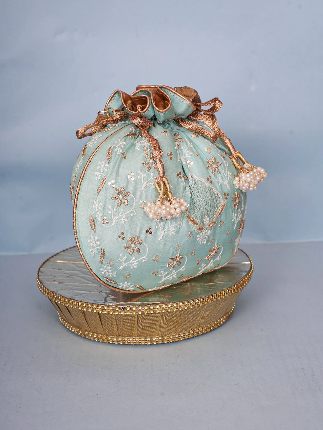 Ada Hand Embroidered Sea Green Silk Lucknowi Chikankari Potli Bag With Zari Work 01A578128