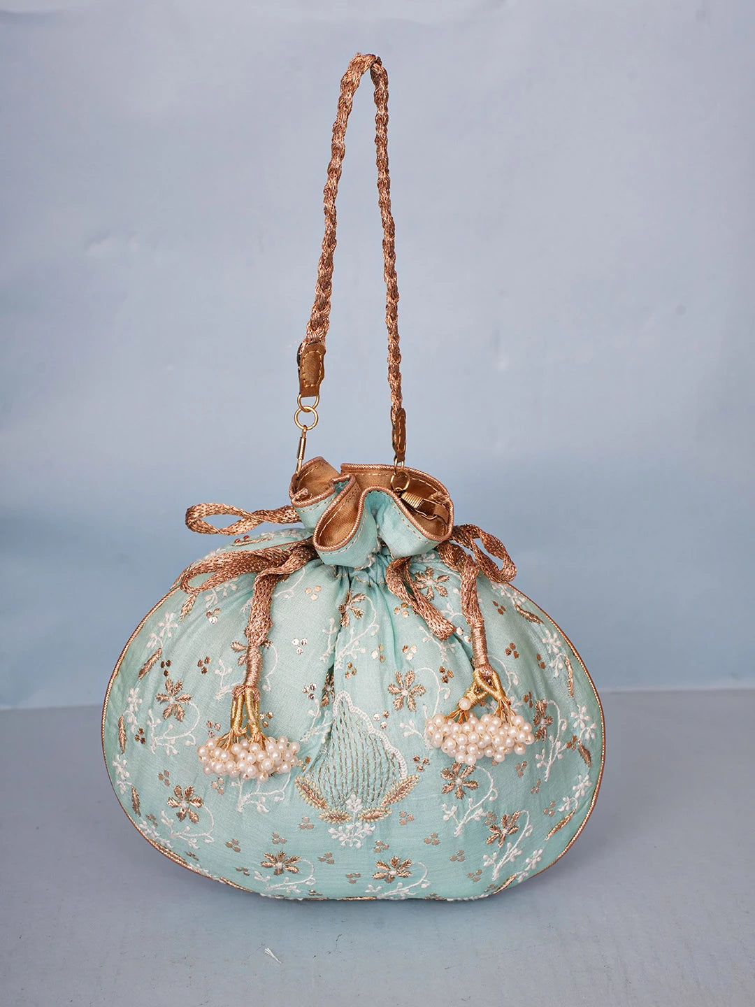 Ada Hand Embroidered Sea Green Silk Lucknowi Chikankari Potli Bag With Zari Work 01A578128