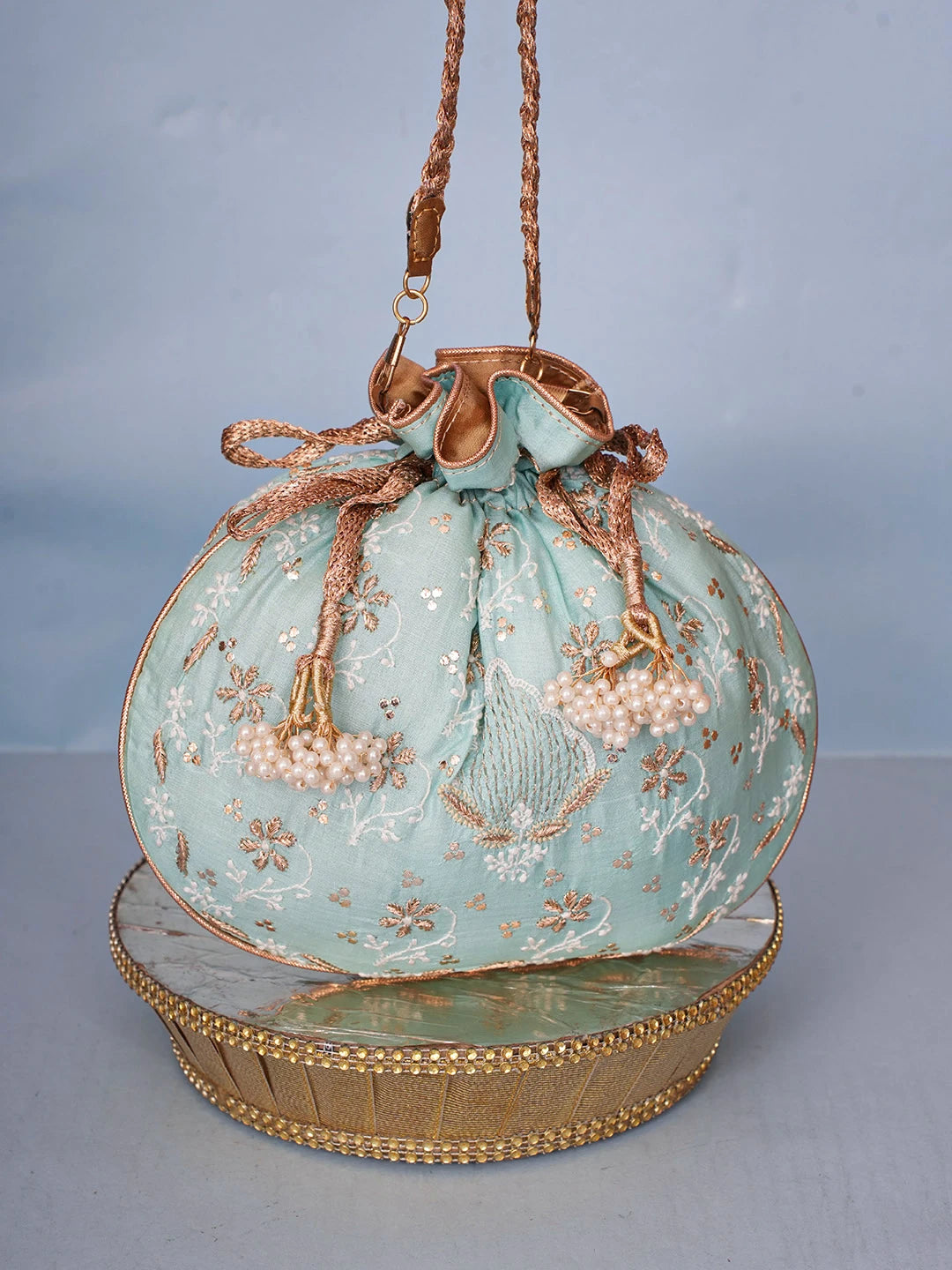 Ada Hand Embroidered Sea Green Silk Lucknowi Chikankari Potli Bag With Zari Work 01A578128