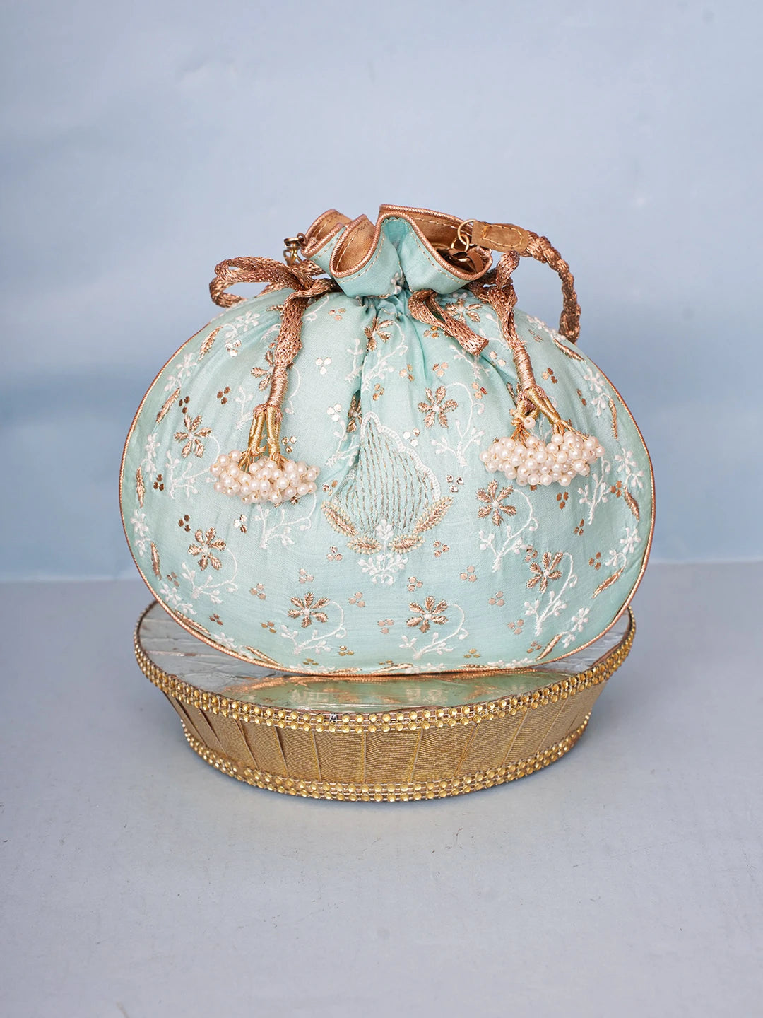 Ada Hand Embroidered Sea Green Silk Lucknowi Chikankari Potli Bag With Zari Work 01A578128