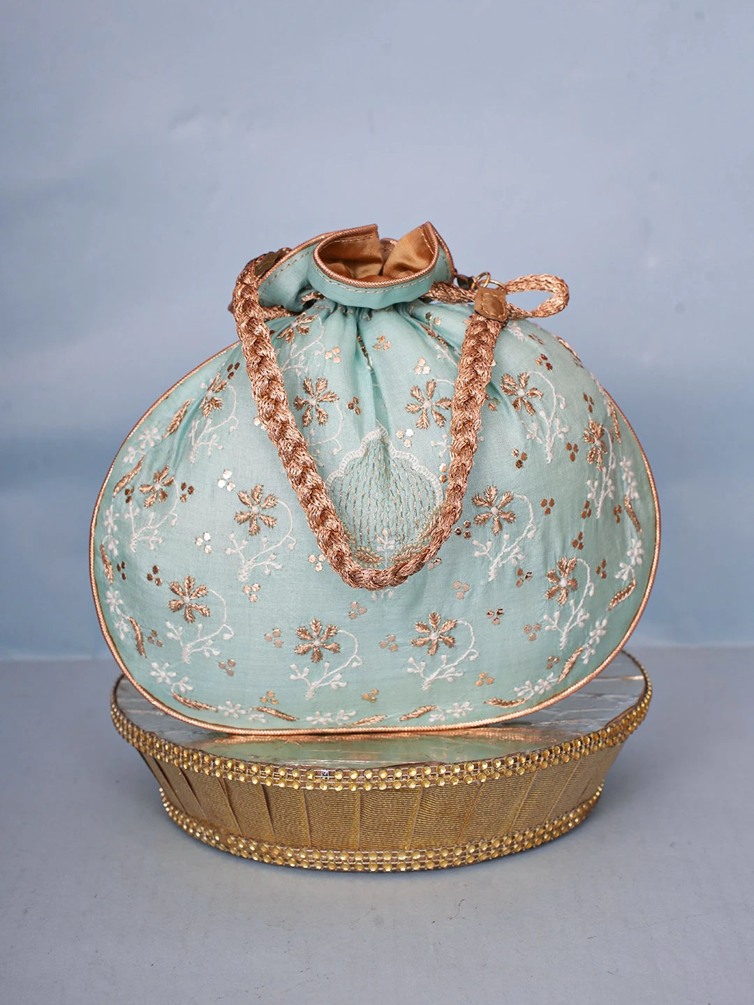 Ada Hand Embroidered Sea Green Silk Lucknowi Chikankari Potli Bag With Zari Work 01A578128