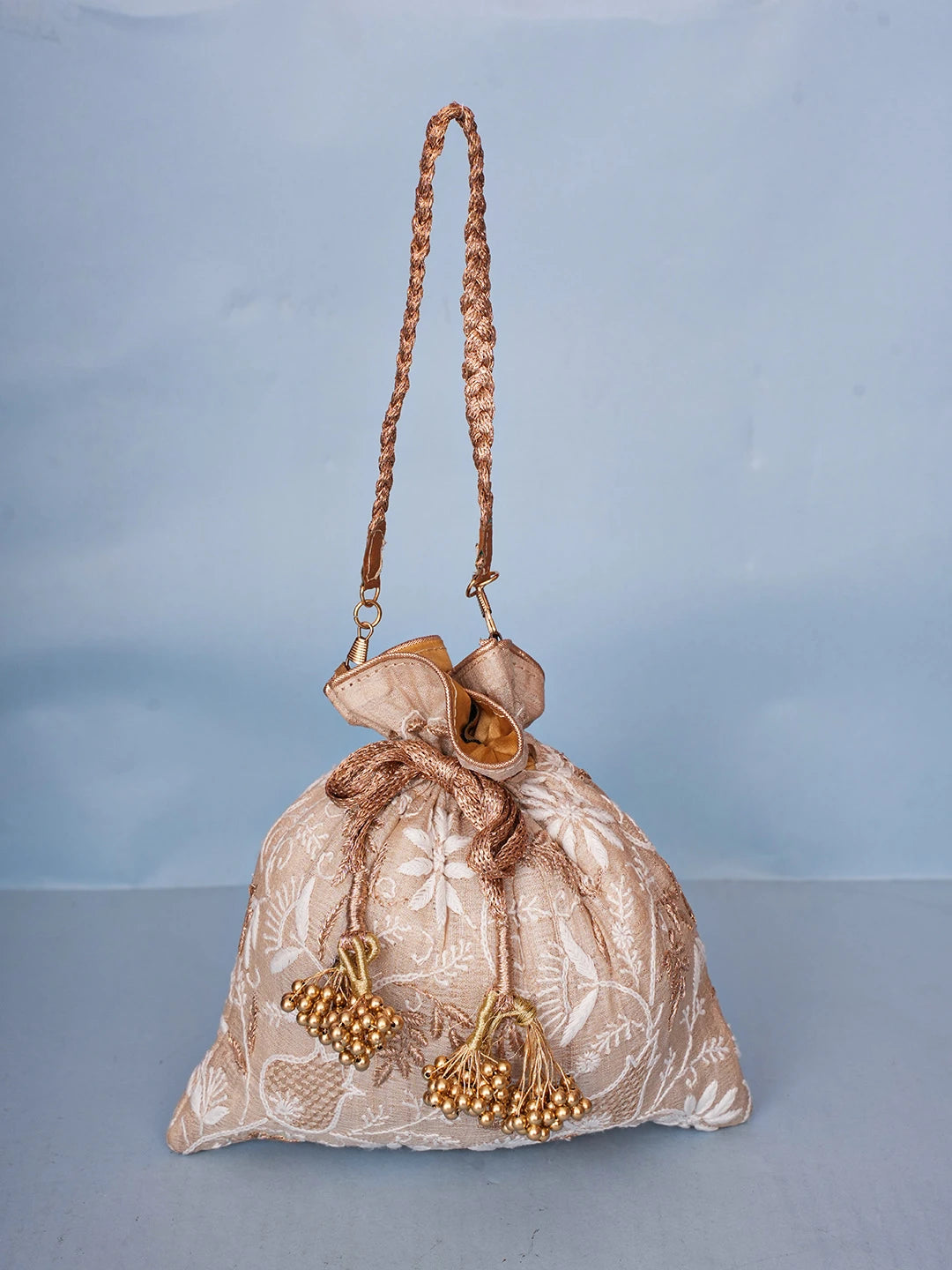 Ada Hand Embroidered Fawn Silk Lucknowi Chikankari Potli Bag With Zari Work 01A578142