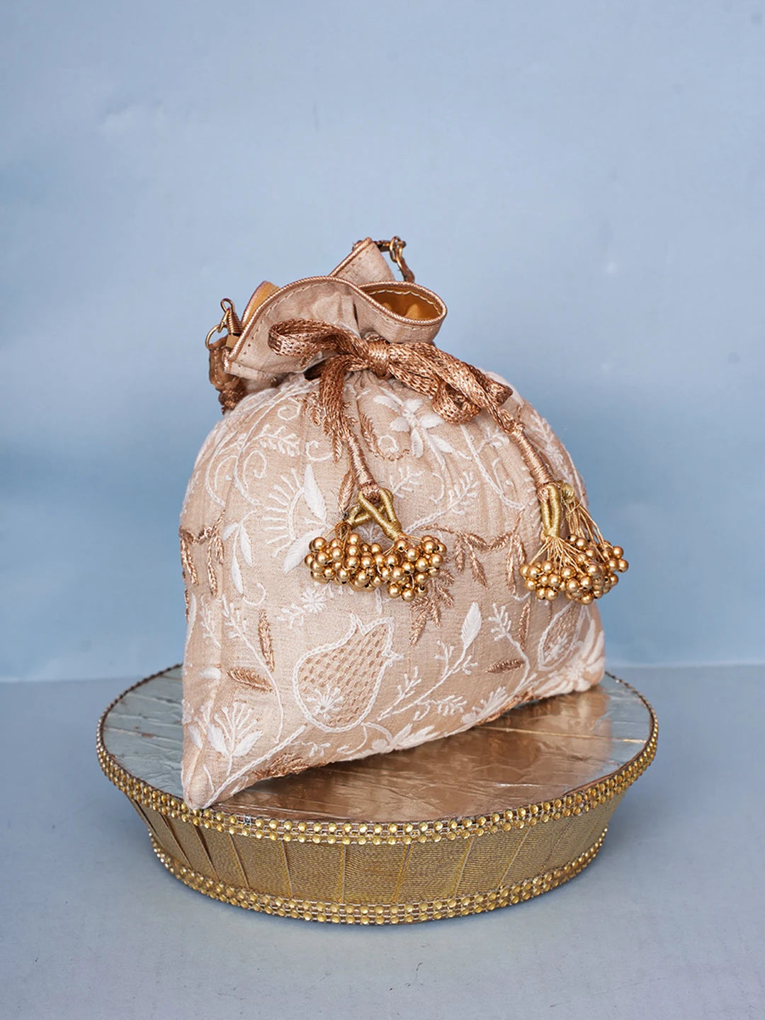 Ada Hand Embroidered Fawn Silk Lucknowi Chikankari Potli Bag With Zari Work 01A578142