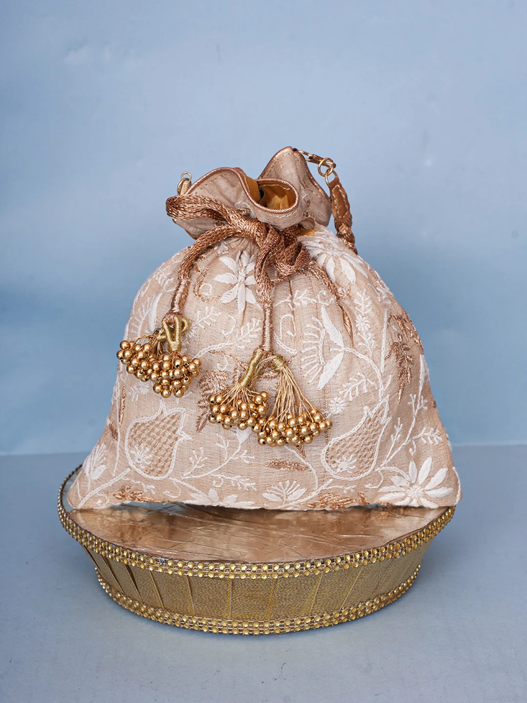 Ada Hand Embroidered Fawn Silk Lucknowi Chikankari Potli Bag With Zari Work 01A578142