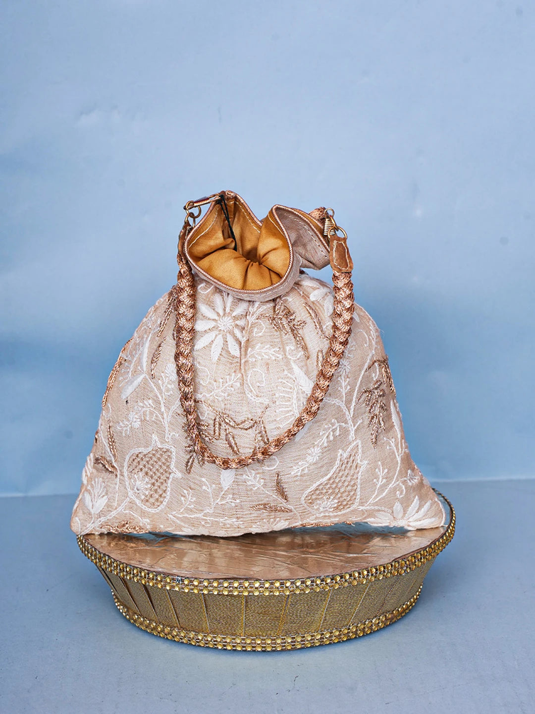 Ada Hand Embroidered Fawn Silk Lucknowi Chikankari Potli Bag With Zari Work 01A578142