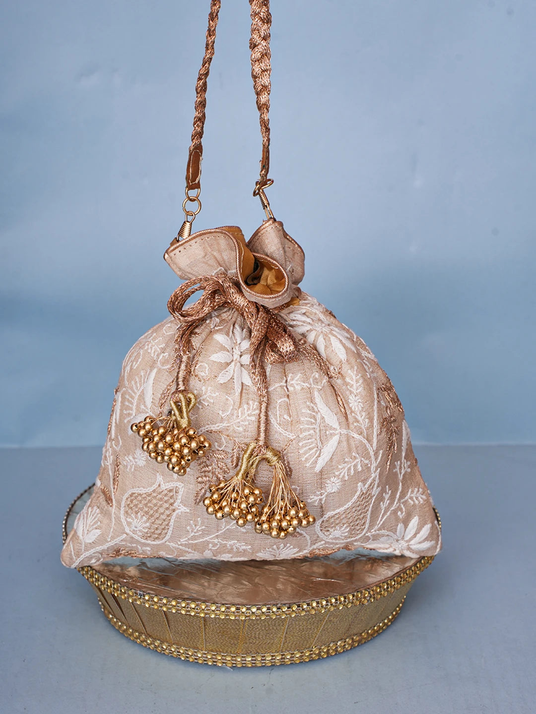 Ada Hand Embroidered Fawn Silk Lucknowi Chikankari Potli Bag With Zari Work 01A578142