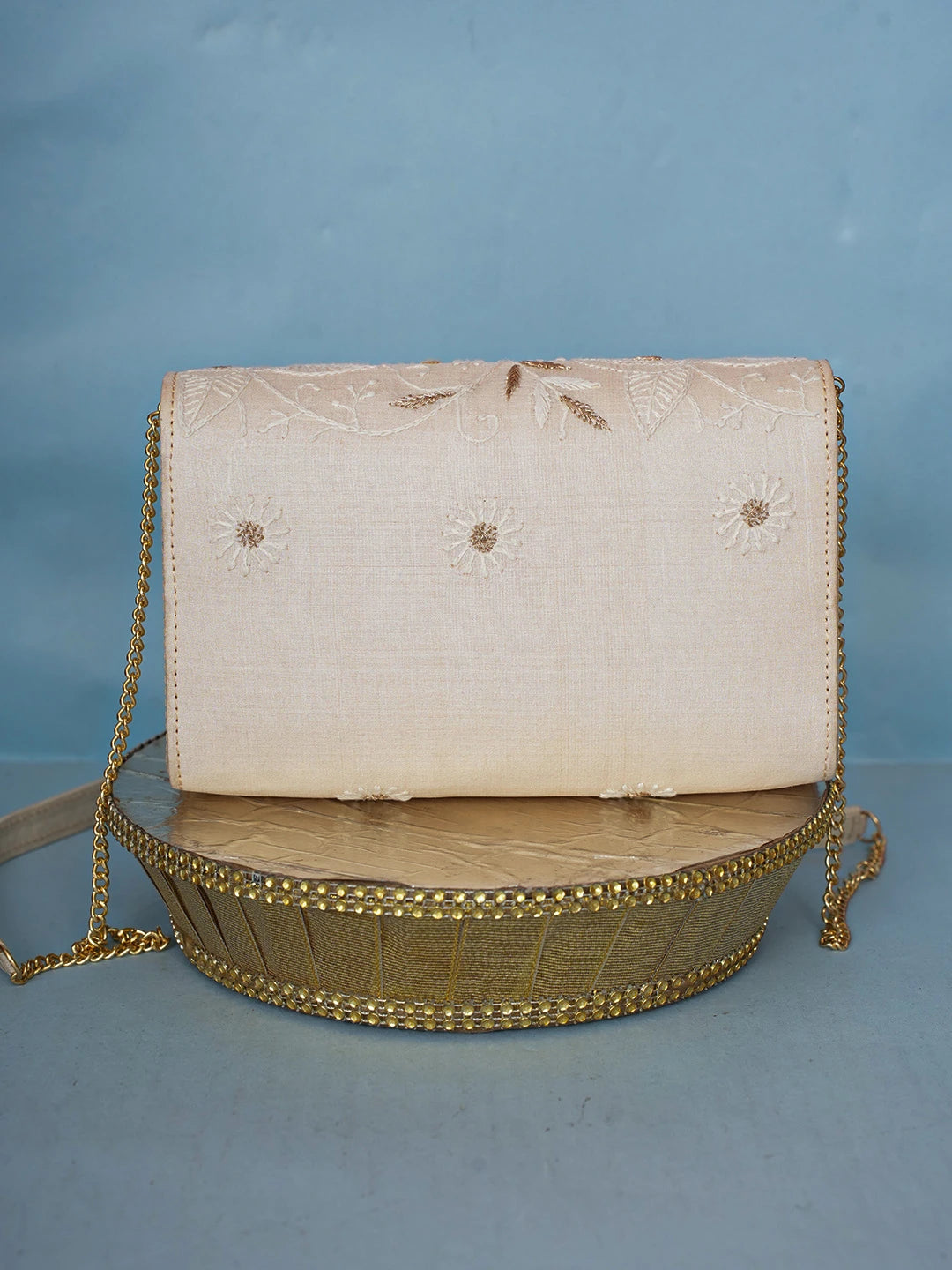 Ada Hand Embroidered Light Fawn Silk Lucknowi Chikankari Clutch With Zari Work 01A589689