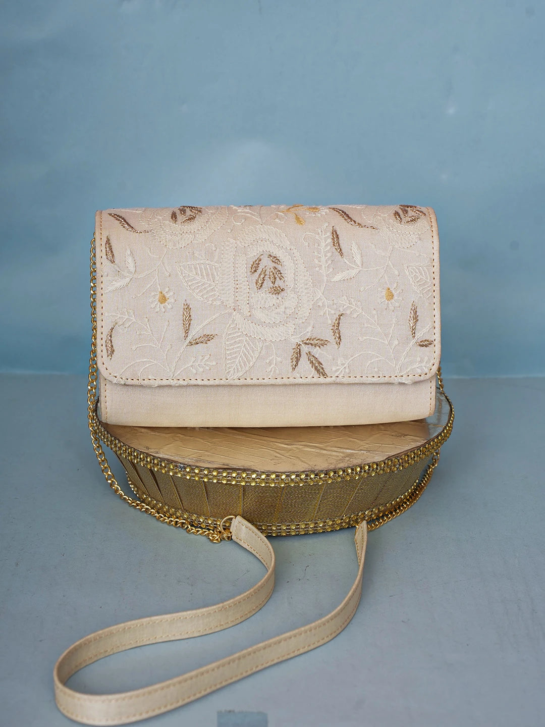 Ada Hand Embroidered Light Fawn Silk Lucknowi Chikankari Clutch With Zari Work 01A589689