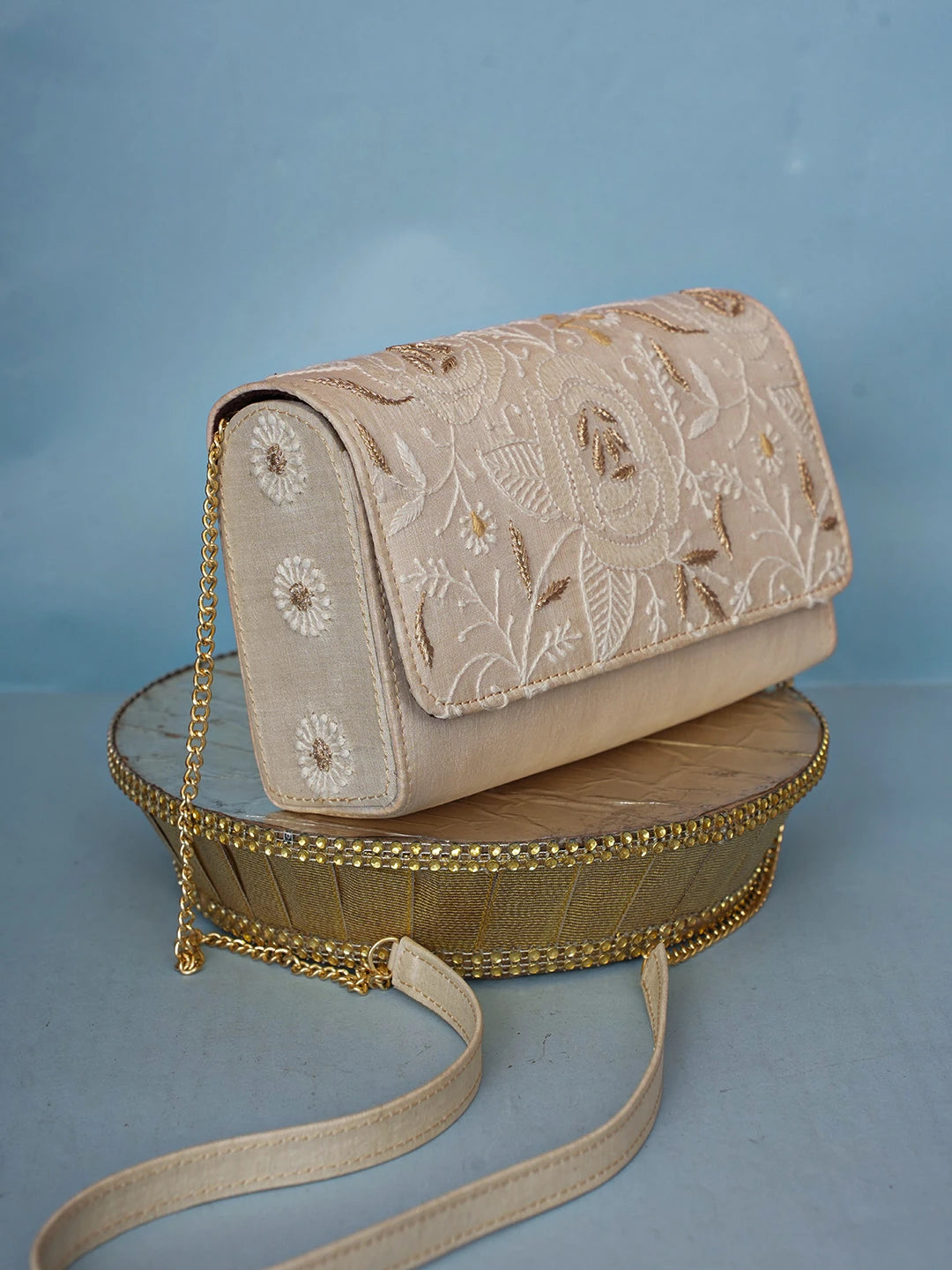 Ada Hand Embroidered Light Fawn Silk Lucknowi Chikankari Clutch With Zari Work 01A589689
