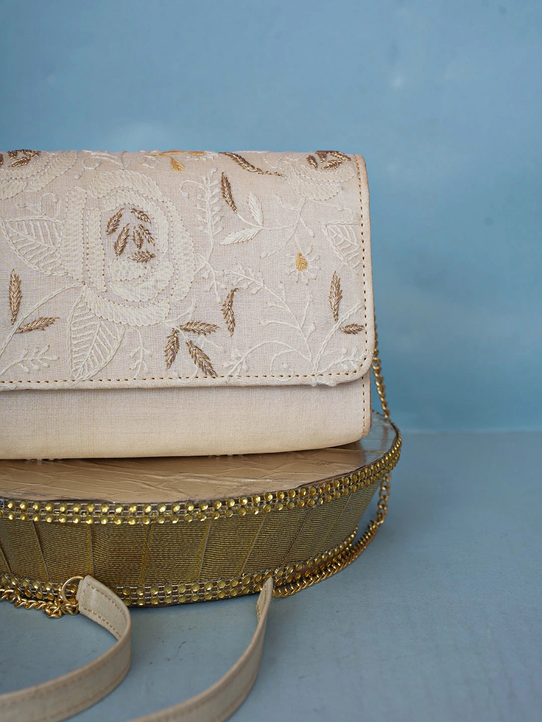 Ada Hand Embroidered Light Fawn Silk Lucknowi Chikankari Clutch With Zari Work 01A589689