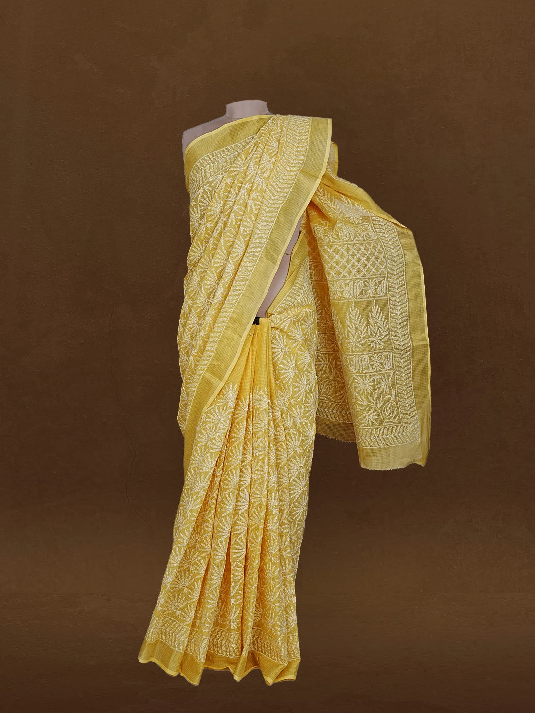 Ada Hand Embroidered Yellow Kota Lucknowi Chikankari Saree With Blouse 01A590937