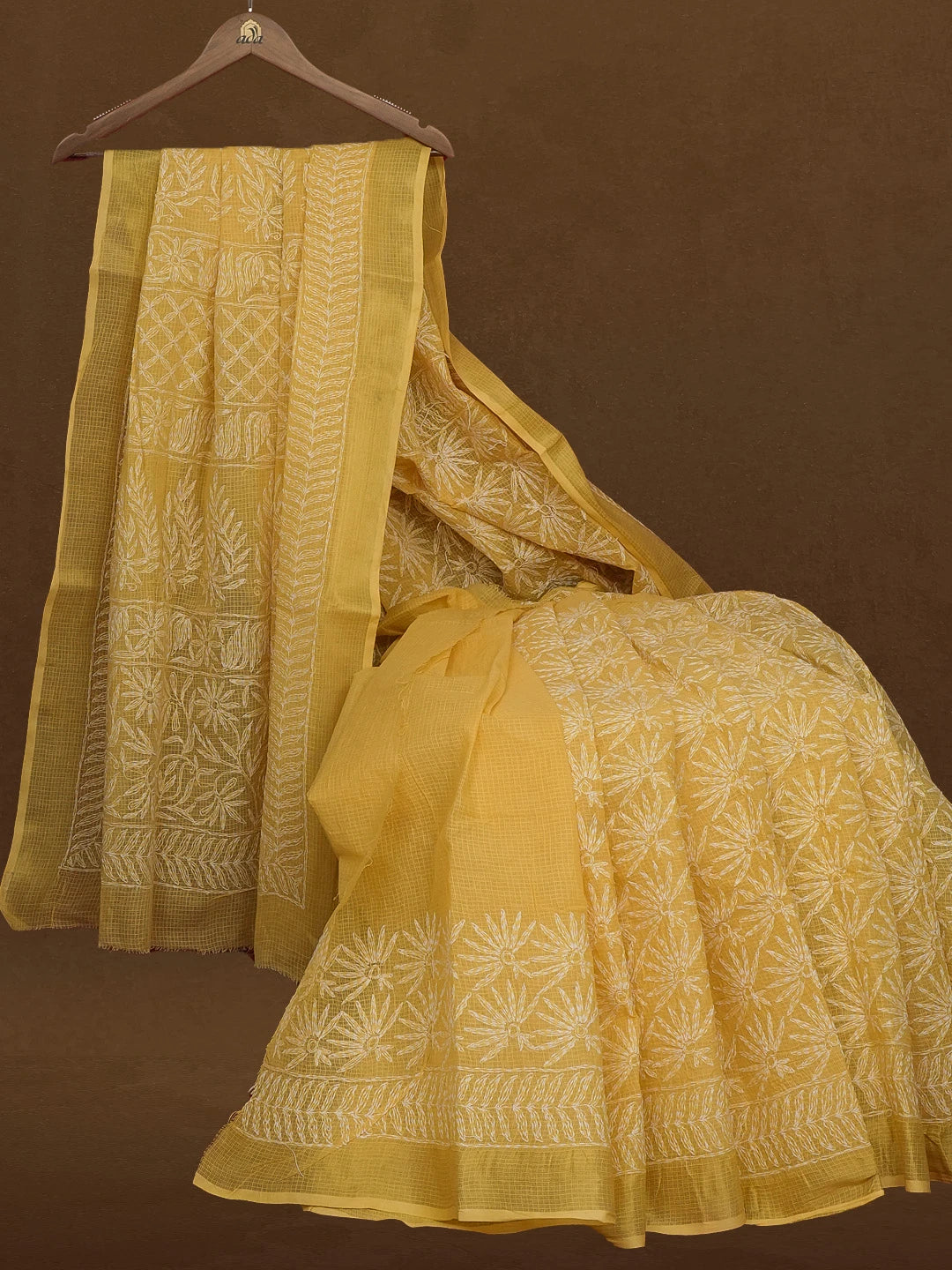 Ada Hand Embroidered Yellow Kota Lucknowi Chikankari Saree With Blouse 01A590937