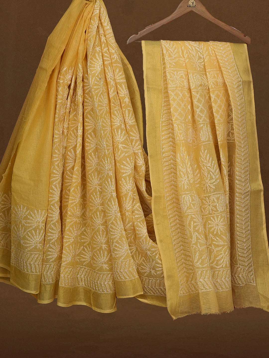 Ada Hand Embroidered Yellow Kota Lucknowi Chikankari Saree With Blouse 01A590937