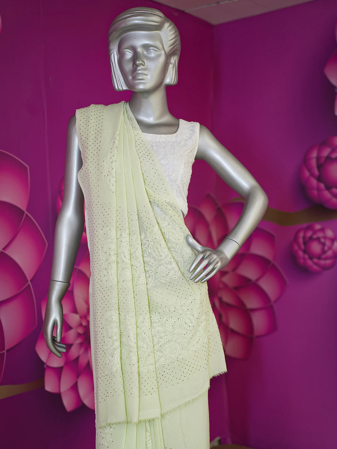 Ada Hand Embroidered Pastel Lime Green Pure Georgette Lucknowi Chikankari Saree and Blouse 01A572474