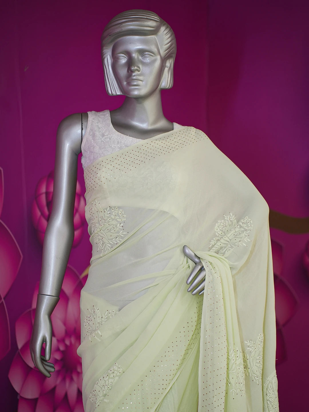 Ada Hand Embroidered Pastel Lime Green Pure Georgette Lucknowi Chikankari Saree and Blouse 01A572474