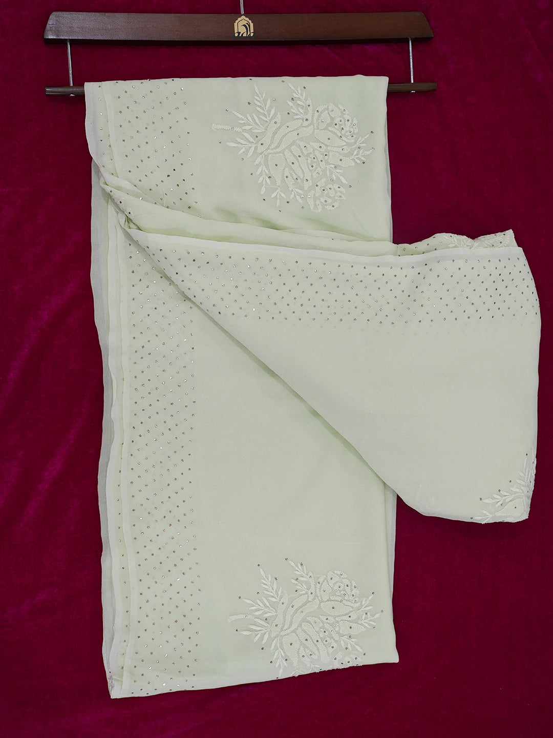 Ada Hand Embroidered Pastel Lime Green Pure Georgette Lucknowi Chikankari Saree and Blouse 01A572474