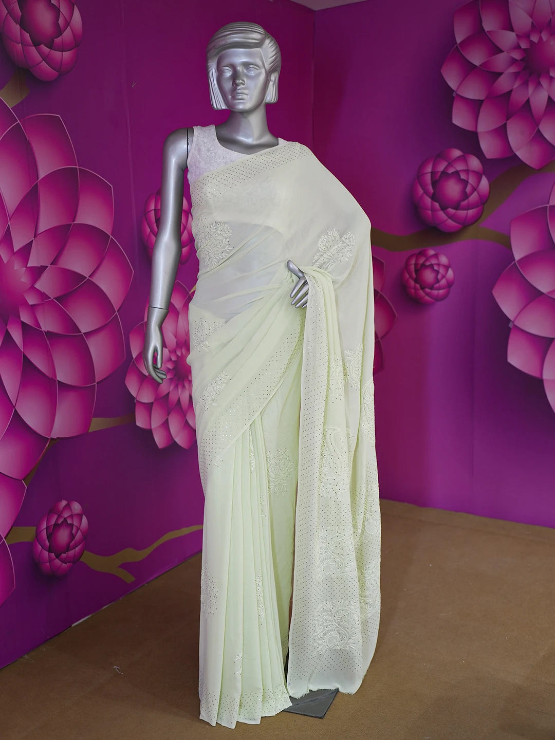 Ada Hand Embroidered Pastel Lime Green Pure Georgette Lucknowi Chikankari Saree and Blouse 01A572474