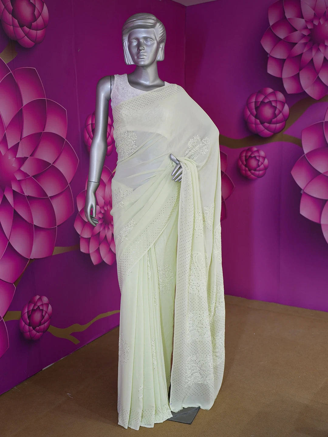 Ada Hand Embroidered Pastel Lime Green Pure Georgette Lucknowi Chikankari Saree and Blouse 01A572474