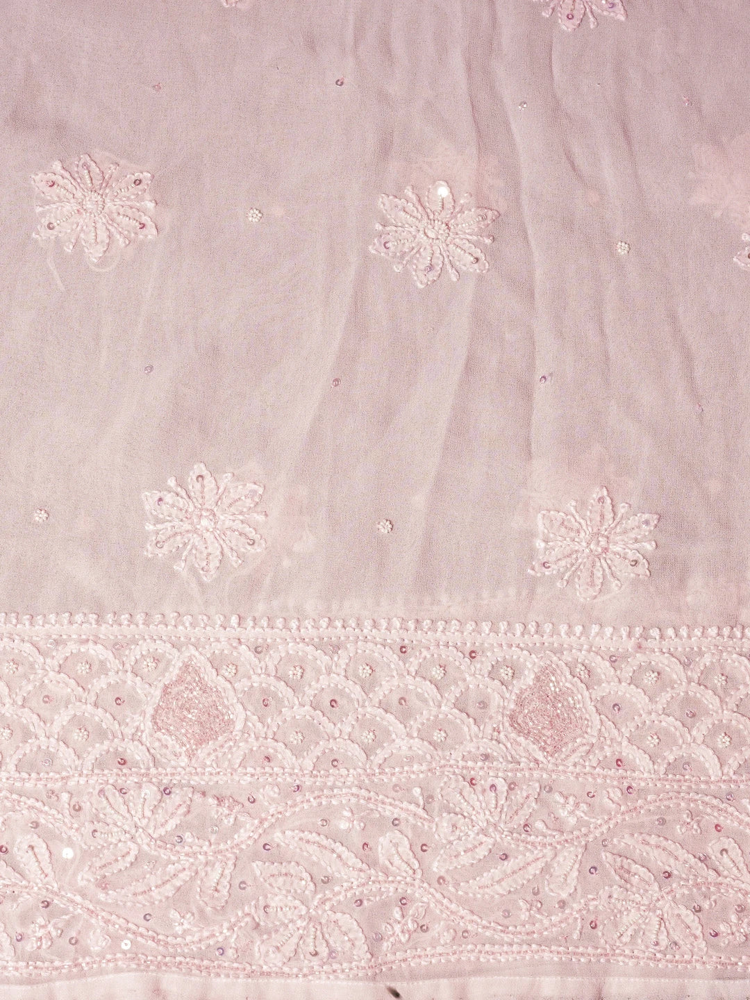 Ada Hand Embroidered Ombre Shade Of Salmon Pink & Tea Rose Pink Viscose Georgette Lucknowi Chikankari Semi-Stitched Anarkali Kurta Dupatta Set With Sequinned Work 01A558672